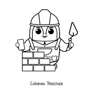Coloring page of a penguin bricklayer building a wall with bricks and cement