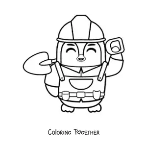 Coloring page of a kawaii cartoon penguin bricklayer with a shovel