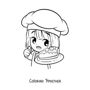 Coloring page of a kawaii cartoon girl pastry chef with a slice of cake