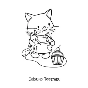 Coloring page of a kawaii cartoon pastry kitten with a cupcake