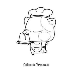 Coloring page of a kawaii cartoon pastry kitten with a dessert