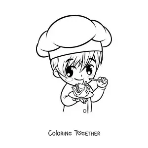 Coloring page of a kawaii cartoon boy pastry chef with a dessert