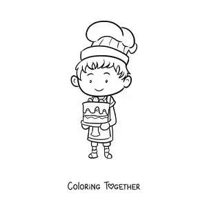 Coloring page of a kawaii cartoon pastry boy with a cake