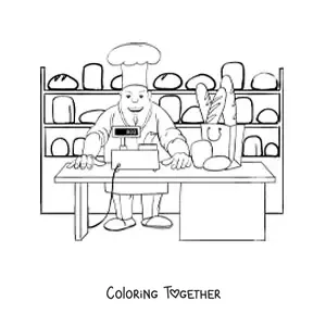 Coloring page of a pastry chef and baker at the bakery