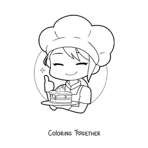 Coloring page of a kawaii pastry girl with a slice of cake