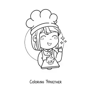 Coloring page of a kawaii pastry girl with a cupcake