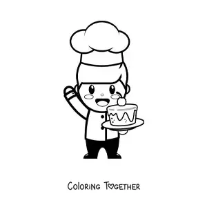 Coloring page of an easy kawaii pastry chef with a cake