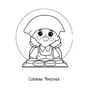Coloring page of a girl who works as a pastry chef holding a tray of cakes