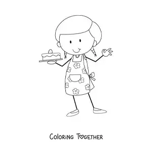 Coloring page of a little girl who works as a pastry chef with a cake