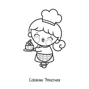 Coloring page of a kawaii pastry girl with a cupcake