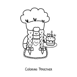 Coloring page of a kawaii pastry gnome with a birthday cake