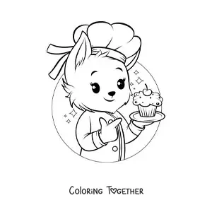 Coloring page of a kawaii cartoon pastry dog with a cupcake