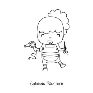 Coloring page of a kawaii hairstylist with a hairdryer and a pair of scissors