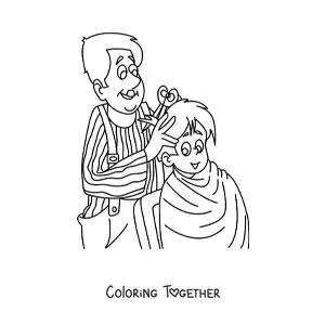 Coloring page of a barber giving a boy a haircut