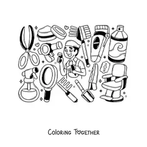 Coloring page of the barber job with his chair and tools