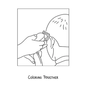 Coloring page of a barber shaving a client with a clipper
