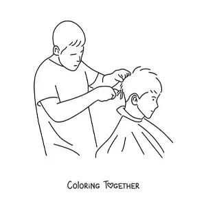 Coloring page of a barber giving a client a haircut