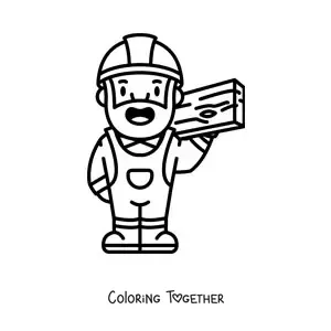 Coloring page of a kawaii carpenter with a wooden board
