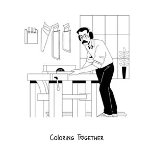 Coloring page of a carpenter cutting wood in the workshop