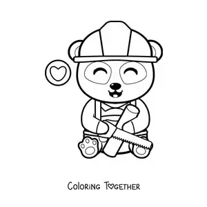 Coloring page of a kawaii panda carpenter cutting wood