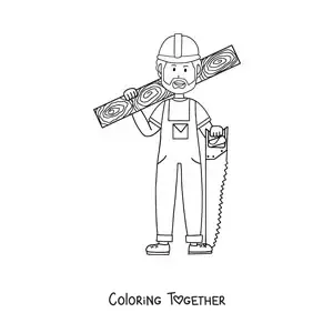 Coloring page of a man who works as a carpenter with a board and a handsaw