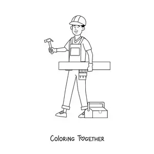 Coloring page of a man who works as a carpenter with his tools