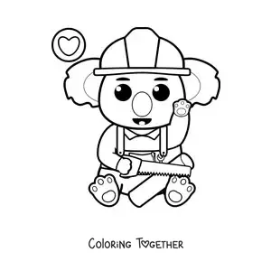 Coloring page of a kawaii koala carpenter cutting wood