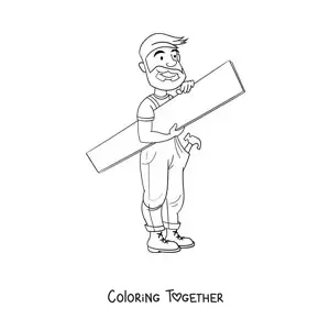 Coloring page of a man who works as a carpenter with a board and a hammer