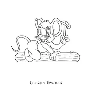 Coloring page of a cartoon carpenter mouse hammering a nail