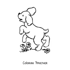 Coloring page of a cartoon puppy jumping in a garden full of flowers