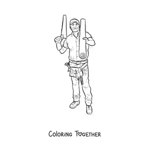 Coloring page of a realistic carpenter with his tools