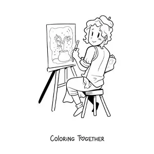Coloring page of an artistic painter creating an artwork