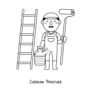 Coloring page of a man who works as a painter with a roller and a ladder