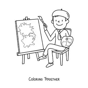 Coloring page of a cartoon French artist painting a picture