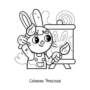 Coloring page of a kawaii cartoon painter rabbit painting a picture