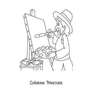 Coloring page of a cartoon van Gogh painting a picture
