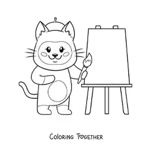 Coloring page of a kawaii cartoon painter cat painting a picture