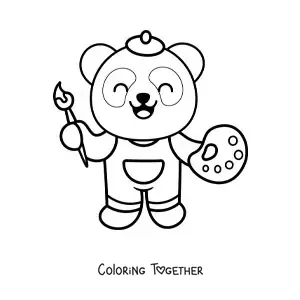 Coloring page of an easy kawaii painter panda with a palette and a brush