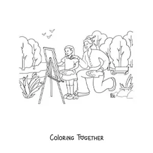 Coloring page of a girl and her mother painting a picture in a park