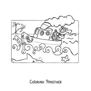 Coloring page of a sailor on a boat at sea with a shark and a starfish
