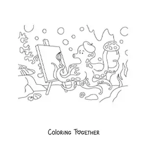 Coloring page of a cartoon painter octopus painting a picture under the sea