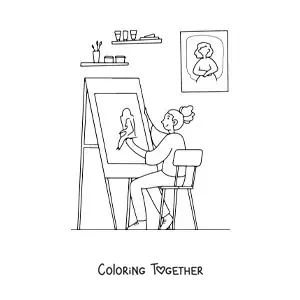 Coloring page of an artist girl painting a picture at home