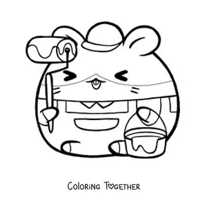 Coloring page of a kawaii cartoon hamster who works as a painter with a roller
