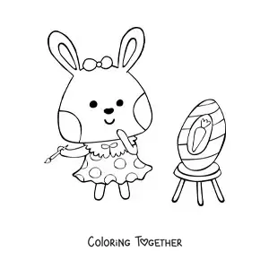 Coloring page of a kawaii cartoon painter rabbit painting an Easter egg