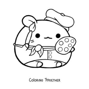Coloring page of a kawaii cartoon painter hamster with a palette and a brush