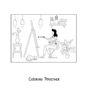 Coloring page of an artist girl painting a picture at home next to her cat