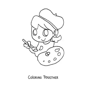 Coloring page of an easy painter with a palette and a brush