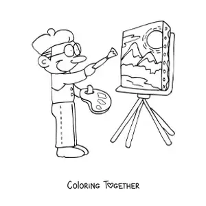 Coloring page of an easy cartoon painter painting a work of art