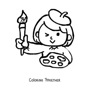 Coloring page of an easy visual artist with a palette and a brush