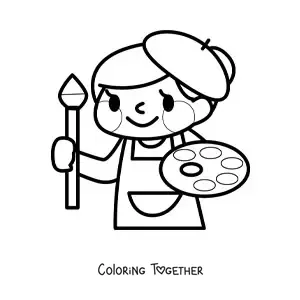 Coloring page of an easy kawaii painter
